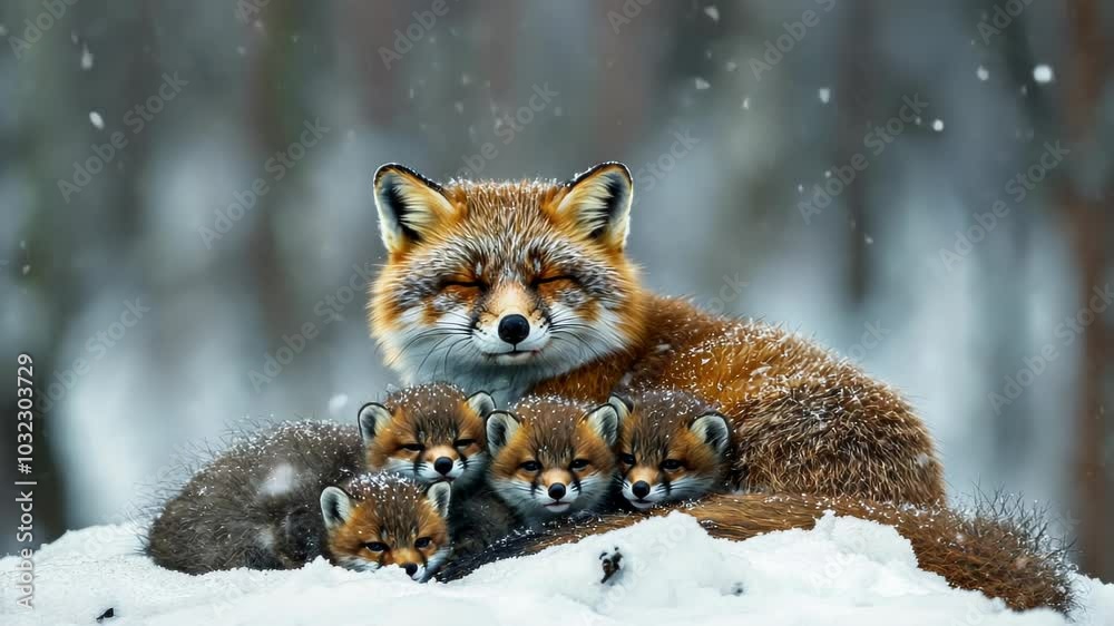 A red fox resting with its five kits in a snowy landscape, creating a serene winter scene. A red fox resting with its five kits in a snowy landscape, creating a serene winter scene.