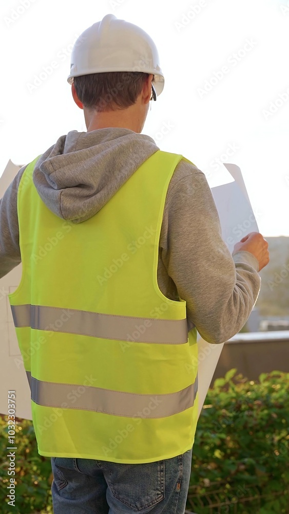 Man an architect or engineer wearing safety hard hat and vest holding blueprint and looking to construction site at sunrise, back vertical view. Architecture and engineering Man an architect or engineer wearing safety hard hat and vest holding blueprint and looking to construction site at sunrise, back vertical view. Architecture and engineering