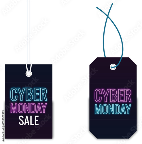 Cyber monday sale neon label.Cyber ​​Monday sale tag with cord. Text and title with neon light effect.