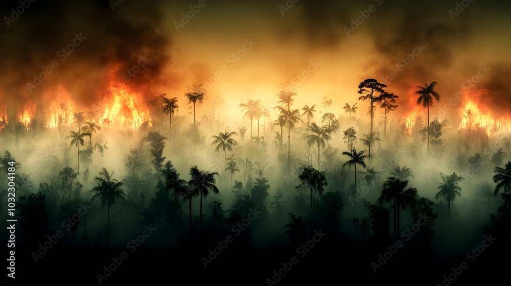 Fototapeta premium Devastated Tropical Forest Ravaged by Uncontrolled Bushfires Towering Flames Engulfing the Treetops Charred and Blackened Tree Trunks Choking Smoke Obscuring the Sky