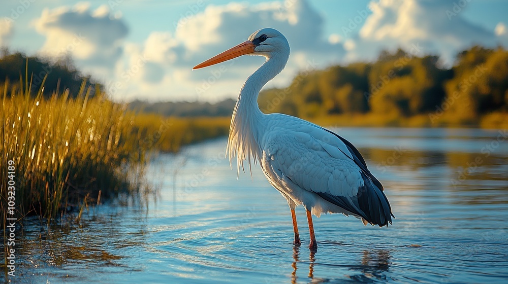 Naklejka premium Elegant Stork Wading in a Marsh