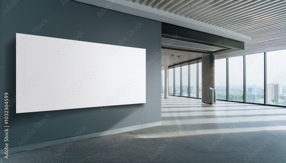 Modern office corridor with empty white mock up banner on wall, panoramic windows, city view, reception desk and daylight. 3D Rendering. Modern office corridor with empty white mock up banner on wall, panoramic windows, city view, reception desk and daylight. 3D Rendering.