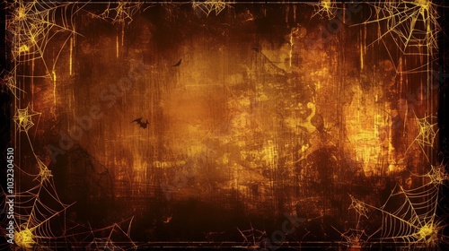 A textured, dark orange background with spider webs and bats, perfect for Halloween themes.