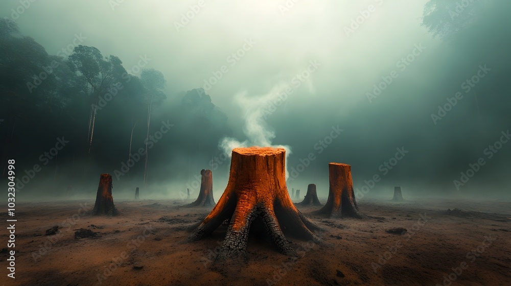 Decimated tropical forest scene depicting charred stumps and twisted barren tree trunks protruding from a scorched ashen ground with wispy wisps of smoke still curling upwards evoking a bleak Decimated tropical forest scene depicting charred stumps and twisted barren tree trunks protruding from a scorched ashen ground with wispy wisps of smoke still curling upwards evoking a bleak