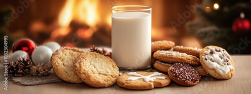 Christmas cookies and milk set out for Santa, with a cozy fireplace glowing in the background photo