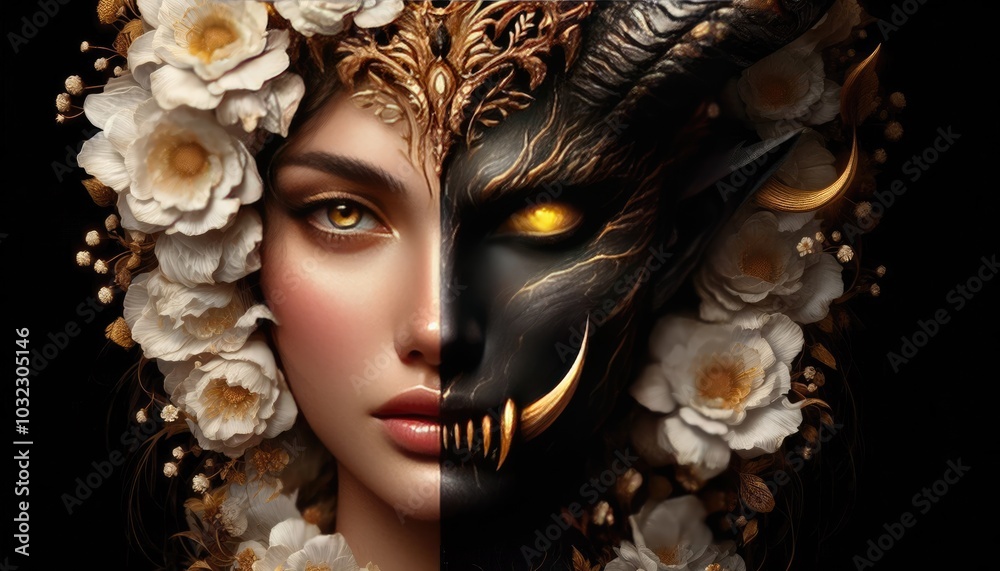 A captivating duality-themed depiction of a goddess, her face split into two contrasting halves. On the left side, she is shown with a serene, flawless face adorned with a golden crown and surrounded A captivating duality-themed depiction of a goddess, her face split into two contrasting halves. On the left side, she is shown with a serene, flawless face adorned with a golden crown and surrounded