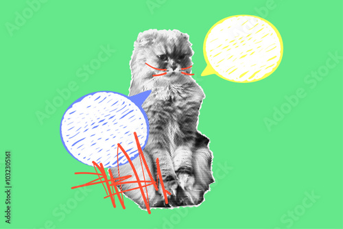 Funny pet with a halftone effect stands on its hind legs surrounded by speech bubbles and hand drawn scribbles. Trendy illustration in retro collage style for advertising, fitbacks.