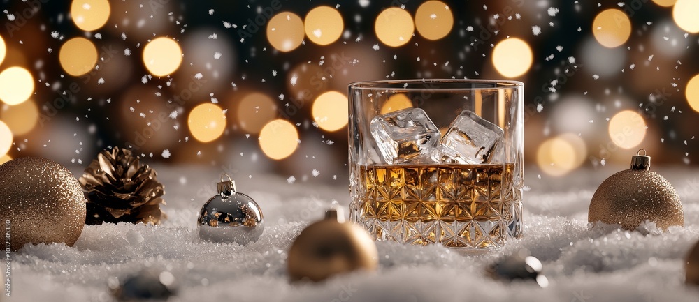 In front of a beautiful holiday backdrop, a glass of whiskey is pictured on white snow alongside some artistic Christmas decorations In front of a beautiful holiday backdrop, a glass of whiskey is pictured on white snow alongside some artistic Christmas decorations