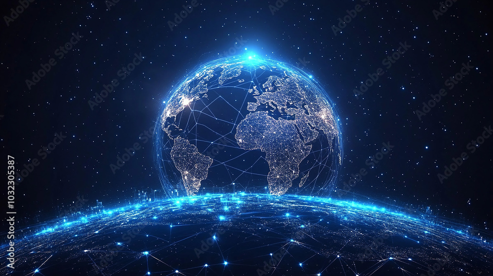 Obraz premium Night planet earth from space with light lines of communication and connection. Business and finance, concept. Global communications system and the World Wide Web. Technologies and communications.