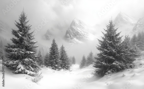 Winter panorama of a pine forest in the Black Forest Mountains