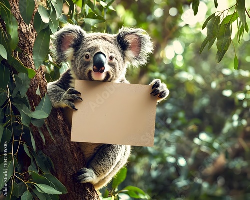 Smiling Koala Holding Blank Cardboard Sign Amidst Eucalyptus Leaves photo