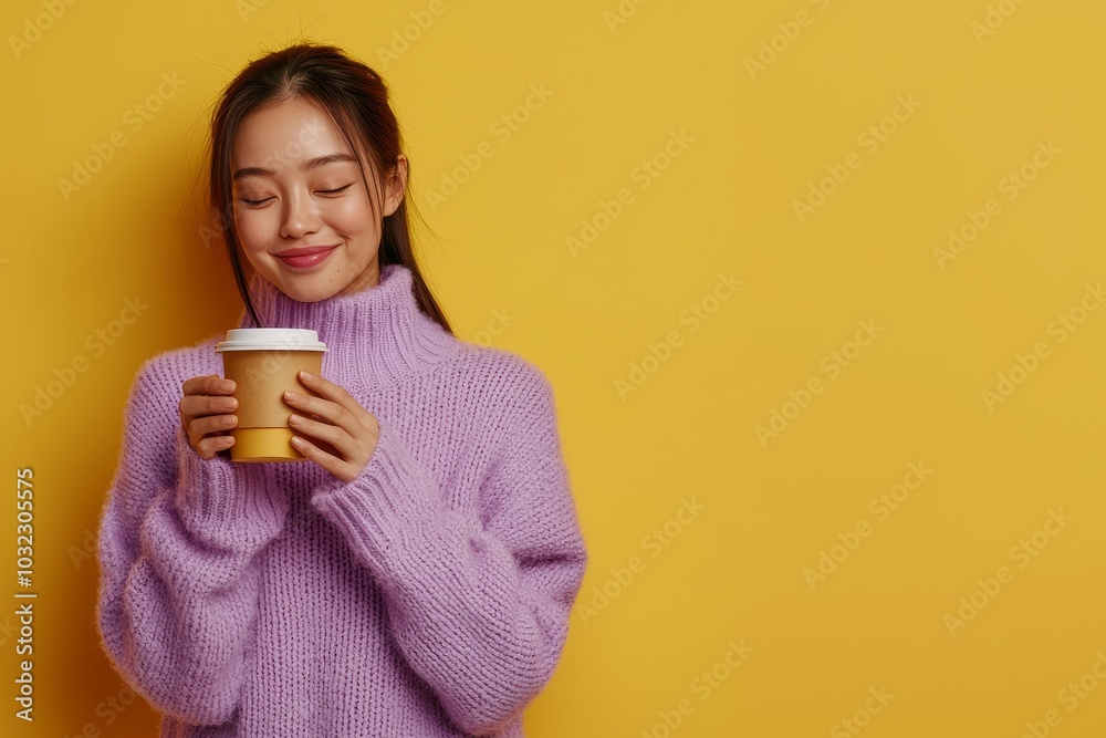 An Asian woman is enjoying a warm drink while wearing warm clothes and holding a mug on a yellow background, smiling and wearing warm clothes. An Asian woman is enjoying a warm drink while wearing warm clothes and holding a mug on a yellow background, smiling and wearing warm clothes.