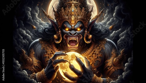 A powerful and fierce depiction of Rahu, the celestial deity, preparing to devour the full moon. Rahu’s face is adorned with intricate golden details and a towering crown, his expression menacing wit.