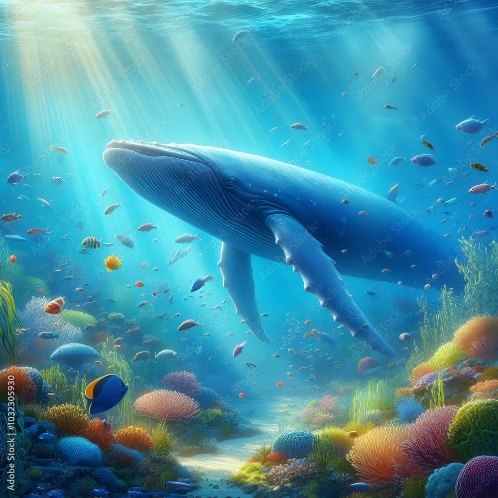Fototapeta premium Blue whale under ocean blue water