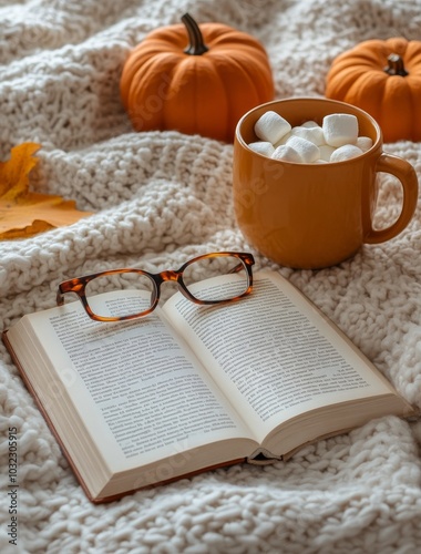Cozy autumn setup featuring a warm drink, pumpkins, and a book on a knitted b...