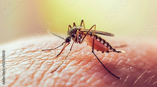 Mosquito Landing on Skin Ready to Bite with Intricate Wing and Proboscis Details Capturing Essence of Notorious Pest photo