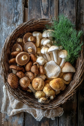 Freshly gathered assortment of edible mushrooms in a woven basket on a rustic...