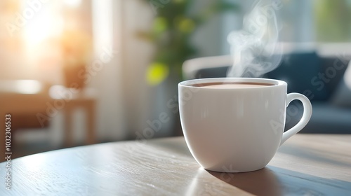 A steaming cup of hot cocoa resting on a wooden table in a warmly lit and cozy living room creating a tranquil and inviting atmosphere