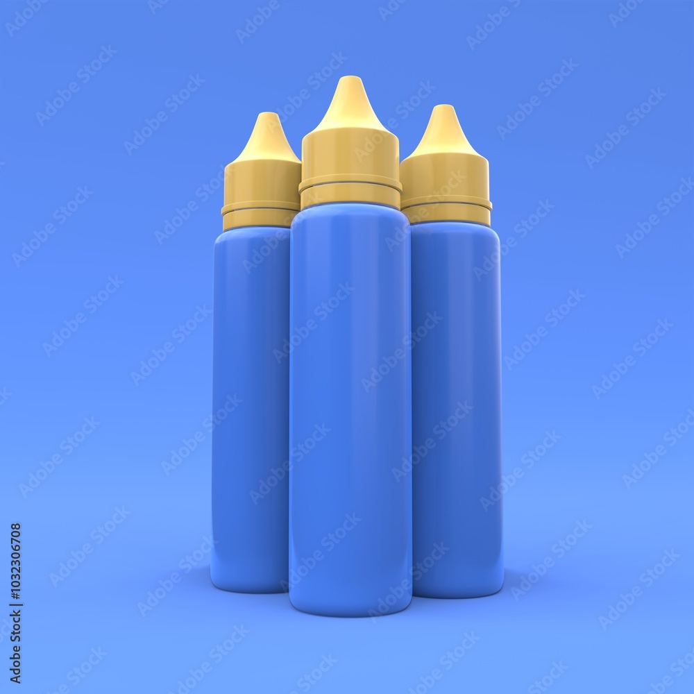 Mockup of the three plastic vape liquid bottle on the blue background. Package design. 3d illustration. Mockup of the three plastic vape liquid bottle on the blue background. Package design. 3d illustration.