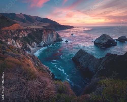 Serene coastal sunset over rugged cliffs and ocean waves photo