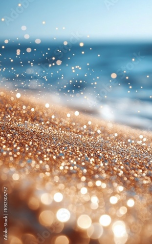 Sunlit beach with sparkling sand and gentle waves on a clear day by the ocean