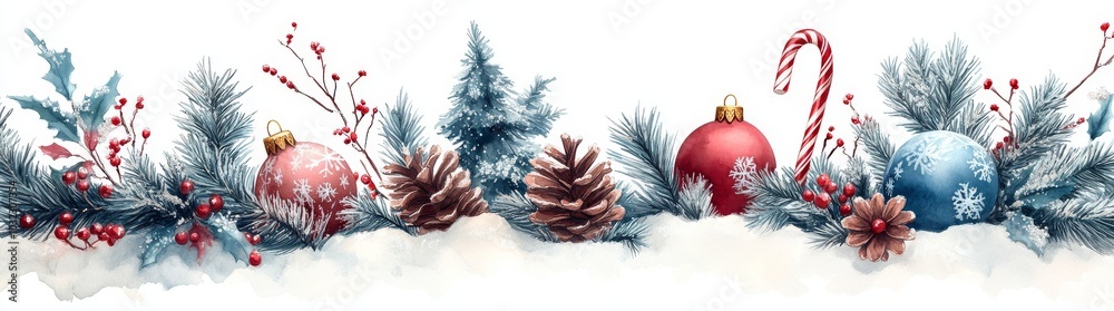 Obraz premium Art illustration of a Christmas wreath painted with watercolors on a white background.