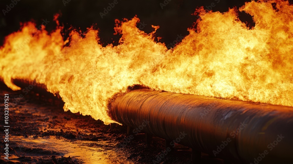 Flames bursting from a gas pipeline rupture, with detailed fire ...
