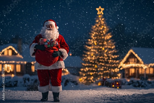 Santa Claus standing in a snowy village with a Christmas tree and presents

