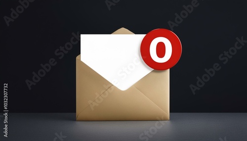 No messages or notification concept with front view on beige email paper envelope with white zero in red circle on the corner on dark background. 3D rendering