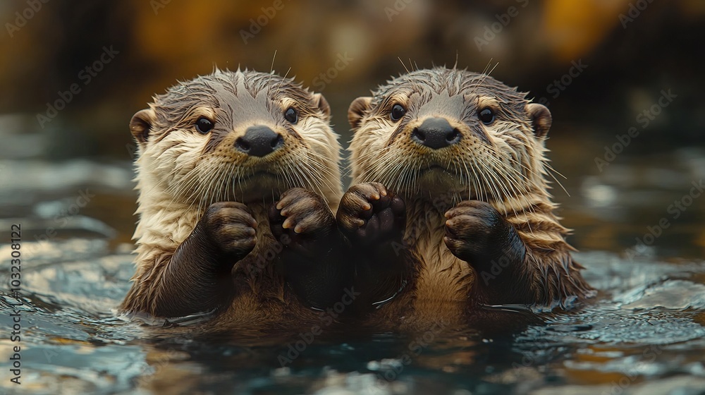 Playful Otters Holding Hands While Floating On Their Backs Playful Otters Holding Hands While Floating On Their Backs