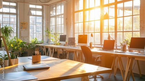 Sunlit Modern Office Space:  A bright and airy workspace with large windows, wooden accents, and modern desks, creating a calm and productive environment.  Ideal for showcasing modern office design.
