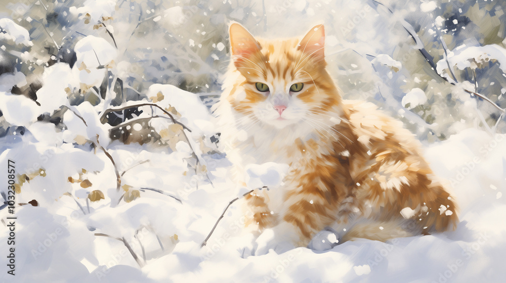 Fluffy ginger cat sitting in snow-covered bushes during winter, AI Generation