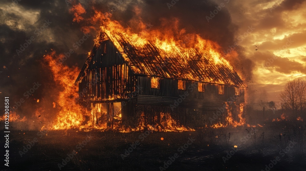 Flames consuming an old barn, captured with intricate details of burning wood and roof collapse. Flames consuming an old barn, captured with intricate details of burning wood and roof collapse.