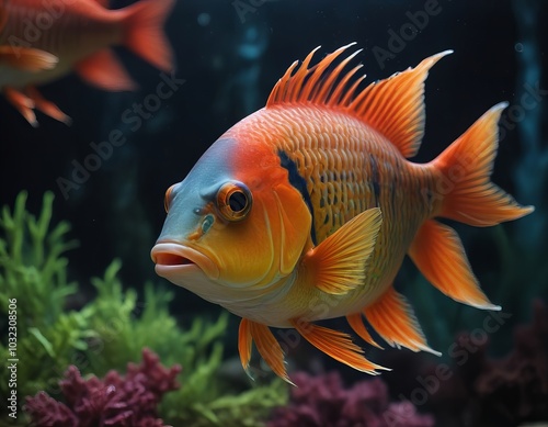 there are two fish swimming in a tank with algae.