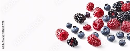 An artistic arrangement of wild berries, with bright red raspberries, deep blue blueberries, and dark blackberries creating a stunning contrast.