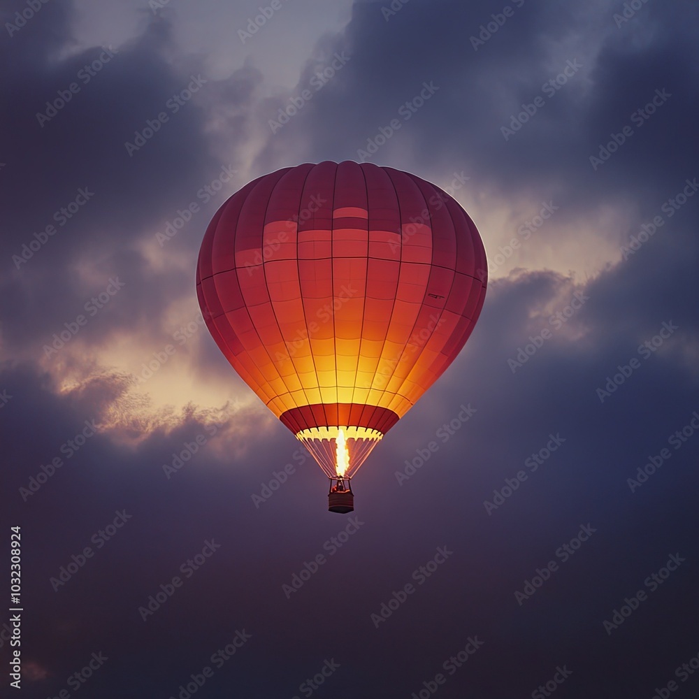 Naklejka premium Hot air balloon glowing against a twilight sky