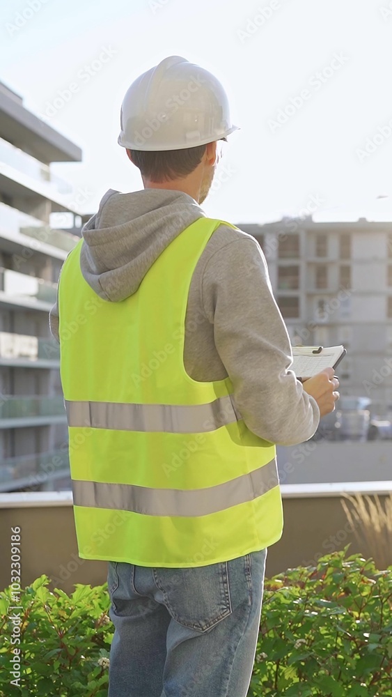 Man engineer with white helmet and safety vest is taking notes on a clipboard while inspecting a construction site at sunrise, back vertical view Man engineer with white helmet and safety vest is taking notes on a clipboard while inspecting a construction site at sunrise, back vertical view