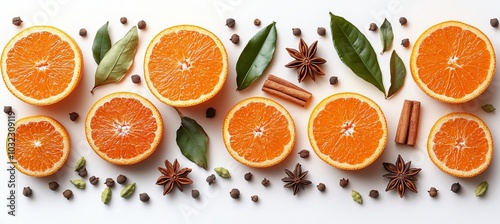 An aromatic spice collection is shown on a white background. The ingredients for mulled wine are isolated by a thin white line
