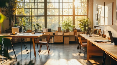 Sunlit Modern Office Space:  A bright and airy workspace with large windows, wooden accents, and modern desks, creating a calm and productive environment.  Ideal for showcasing modern office design.