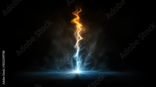 Blue and orange fire with a dark background. The fire is lit and is in the middle of the image photo