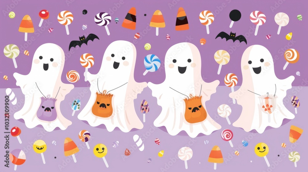 Cute ghosts trick-or-treating with candy and lollipops on a colorful Halloween-themed background Cute ghosts trick-or-treating with candy and lollipops on a colorful Halloween-themed background