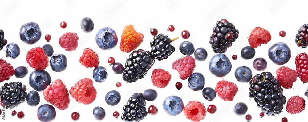 A delicious blend of wild berries showcased in a bowl, featuring a mix of bright red raspberries, dark blue blueberries, and rich blackberries. A delicious blend of wild berries showcased in a bowl, featuring a mix of bright red raspberries, dark blue blueberries, and rich blackberries.