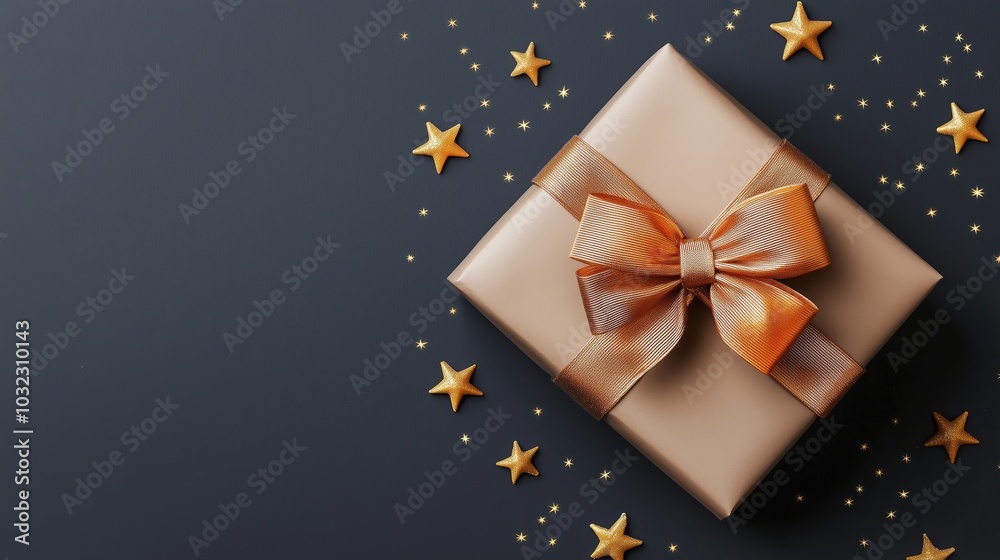 Box with a bow on top of it is surrounded by gold stars. The box is placed on a black background Box with a bow on top of it is surrounded by gold stars. The box is placed on a black background