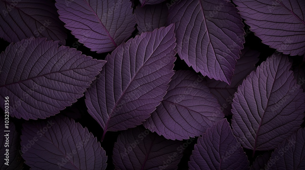 Close up of purple leaves with a dark background. The leaves are very close together, creating a dense and lush appearance. The dark background adds a sense of depth and contrast to the scene Close up of purple leaves with a dark background. The leaves are very close together, creating a dense and lush appearance. The dark background adds a sense of depth and contrast to the scene