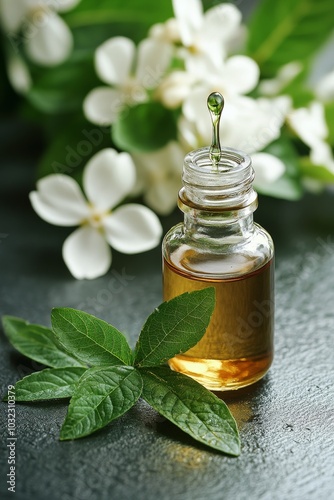 Essential oil dropper bottle resting on a lush green leaf surrounded by vibra...