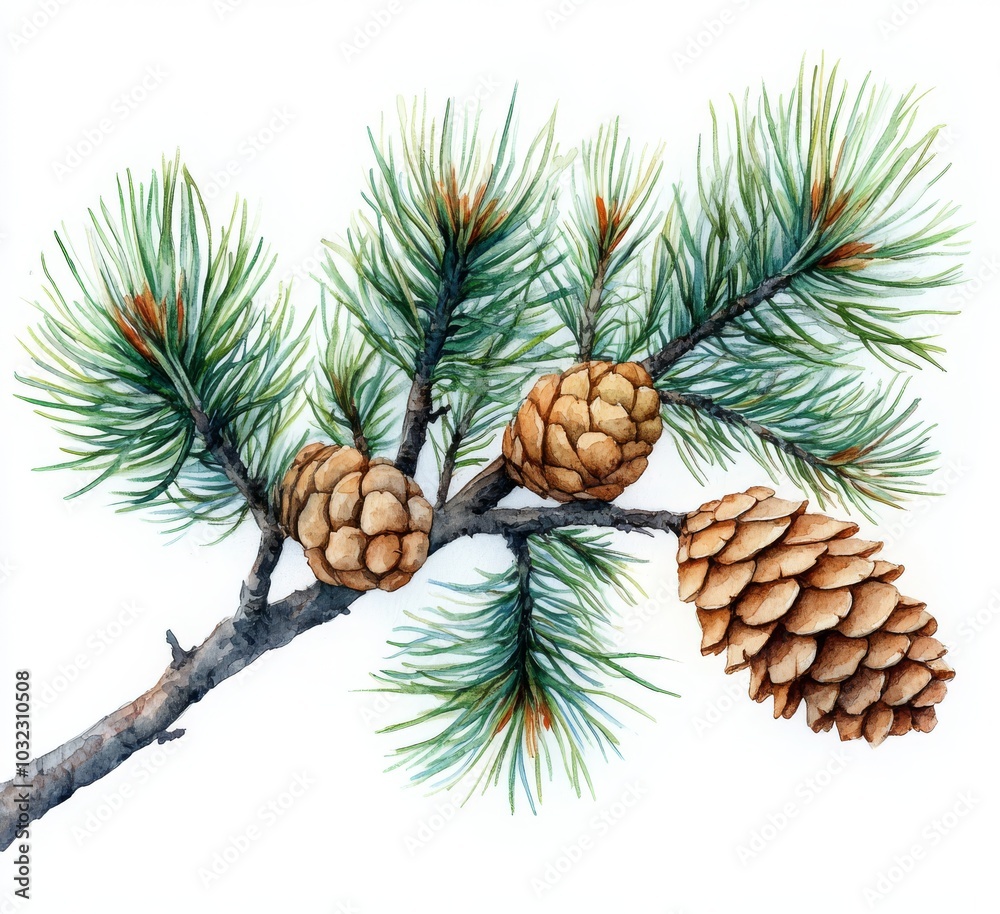 Illustration for all prints of a spruce branch with cone in watercolor isolated on white background. Illustration for all prints of a spruce branch with cone in watercolor isolated on white background.