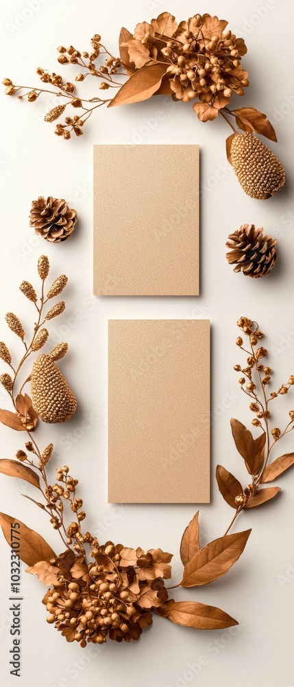 Elegant design with empty cards surrounded by golden foliage and pine cones on a white background. Elegant design with empty cards surrounded by golden foliage and pine cones on a white background.