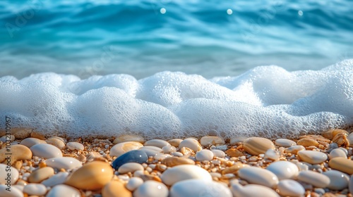 White foamy wave crashing on a pebble beach with clear blue water in the background.