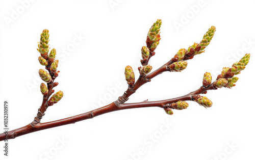 A close-up of a branch with green buds, isolated on white background.