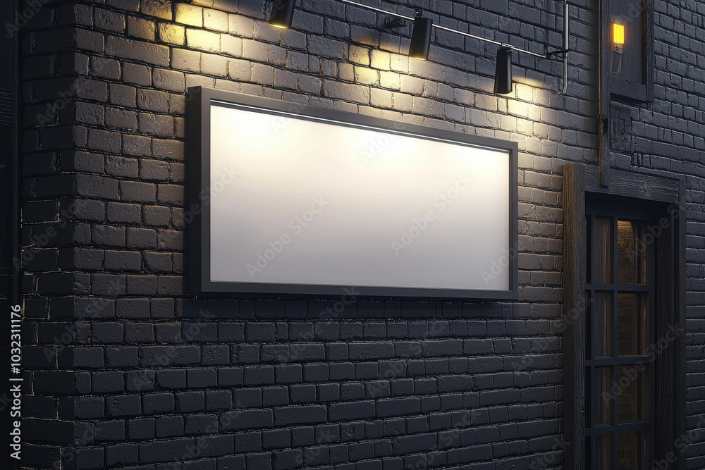 A blank sign mounted on a dark brick wall, illuminated by spotlights, ideal for advertising or displaying information. A blank sign mounted on a dark brick wall, illuminated by spotlights, ideal for advertising or displaying information.